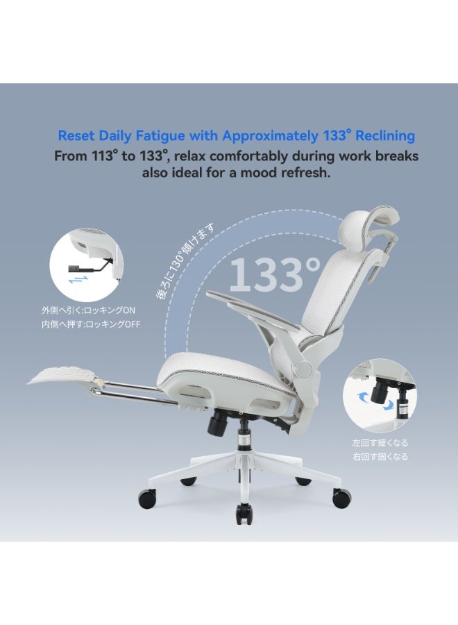 SIHOO B100 Pro Ergonomic Office Chair with Back Support and Footrest – Mesh Swivel Desk & Computer Chair with 4D Adjustable Armrests and 3D Headrest for Study & Office (White) - Image 5